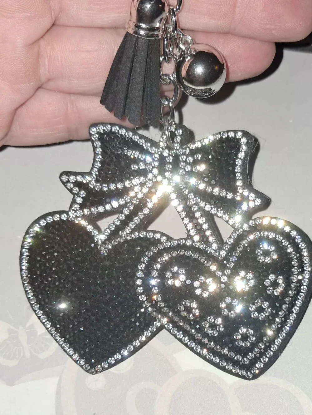 New! Double Heart Rhinestone Keychain With Tassel